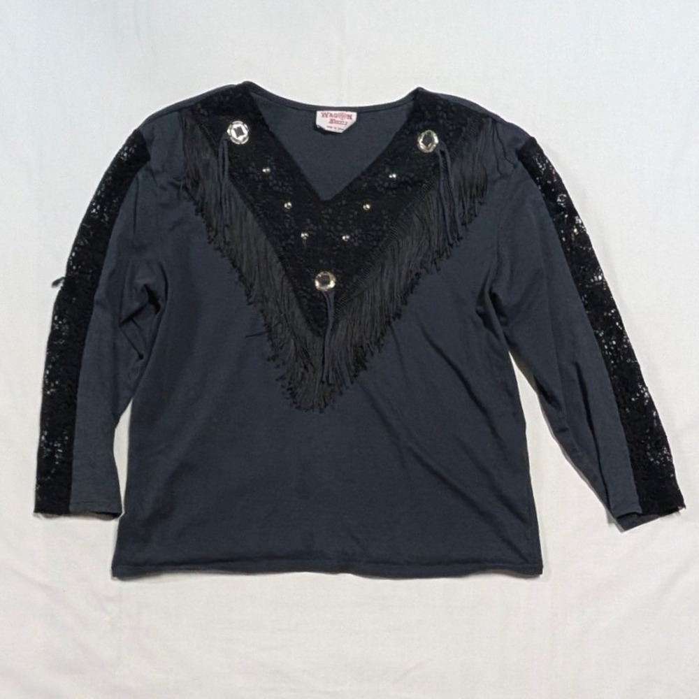 Wagon Wheels Vintage Western Lace Fringe Studded Top Black Made in USA Medium